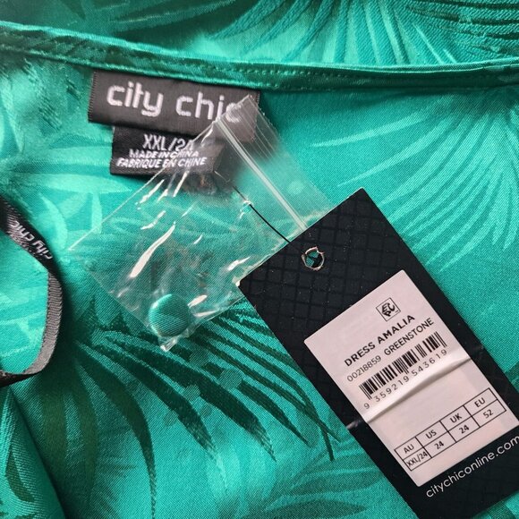 City Chic Polyester Amalia Dress XXL 24 Greenstone Palm Print V-Neck Long Sleeve - Picture 10 of 16